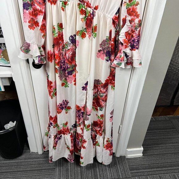 Une âmi White Floral Ruffle Maxi Dress – Long Sleeve, Side Slit, Size Large - Picture 3 of 8